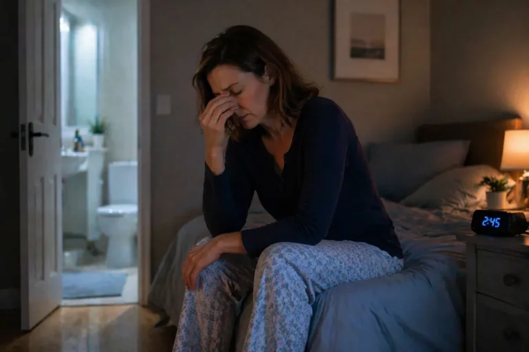 femme fatiguée se levant la nuit pour uriner apnée du sommeil nycturie