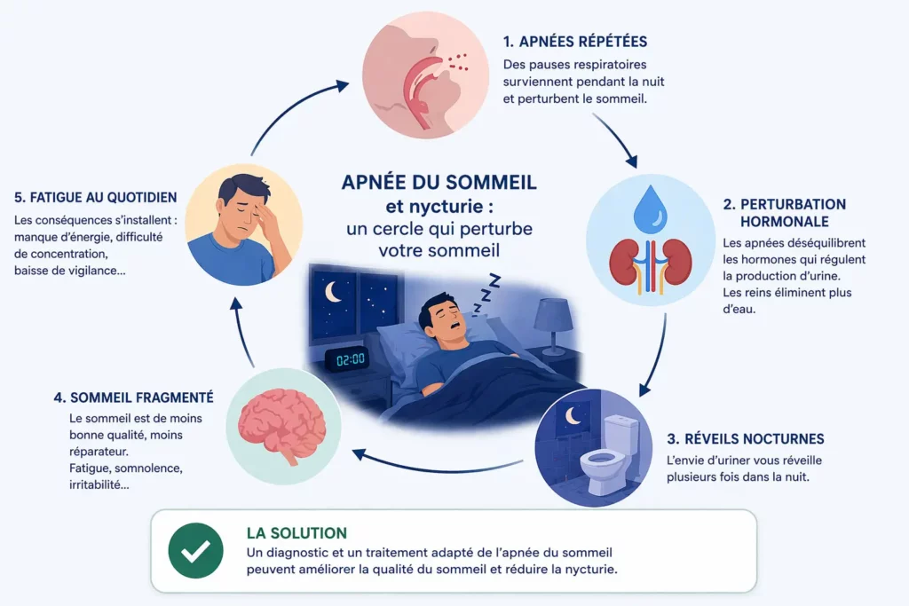 Lien entre apnée du sommeil et nycturie explication schéma